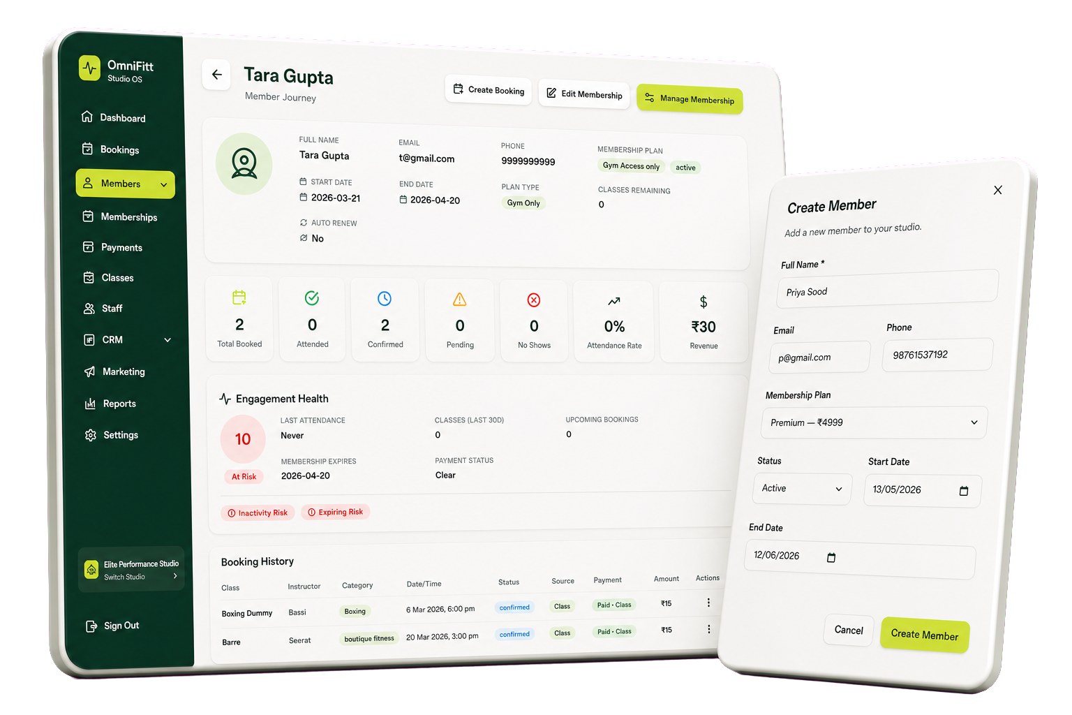 OmniFitt OS dashboard showing member management, bookings and reporting