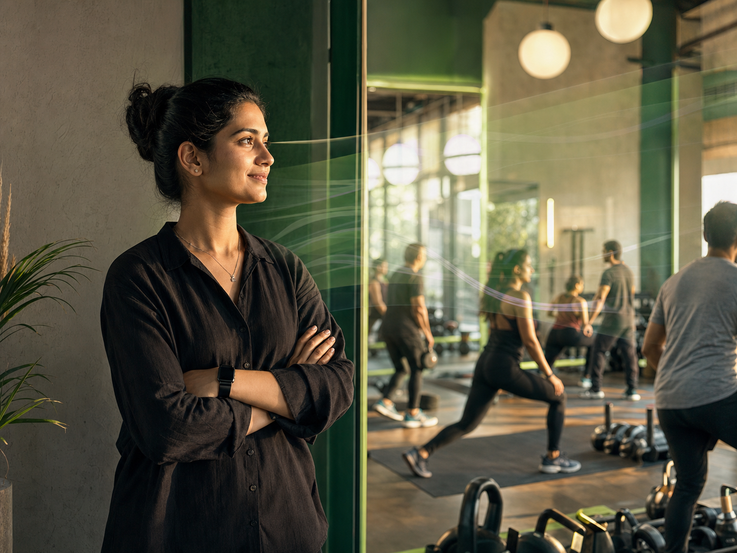 Indian fitness studio founder overseeing a busy class