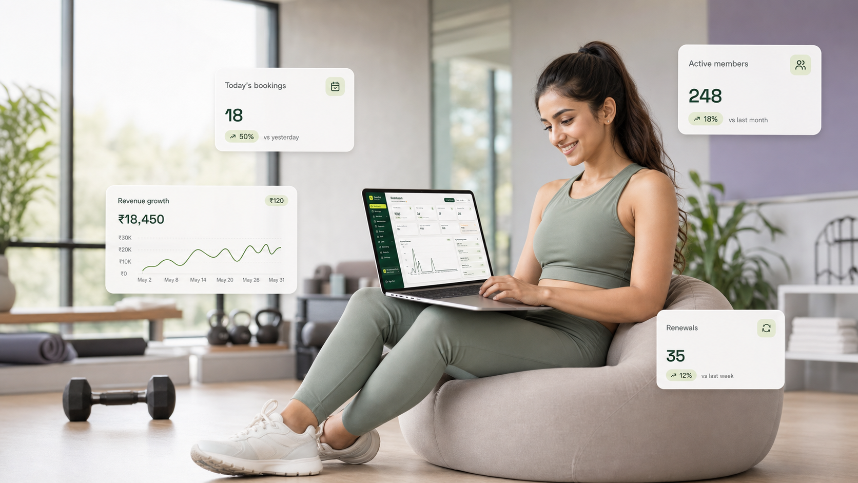 Fitness studio owner using OmniFitt with live dashboard snapshots around her