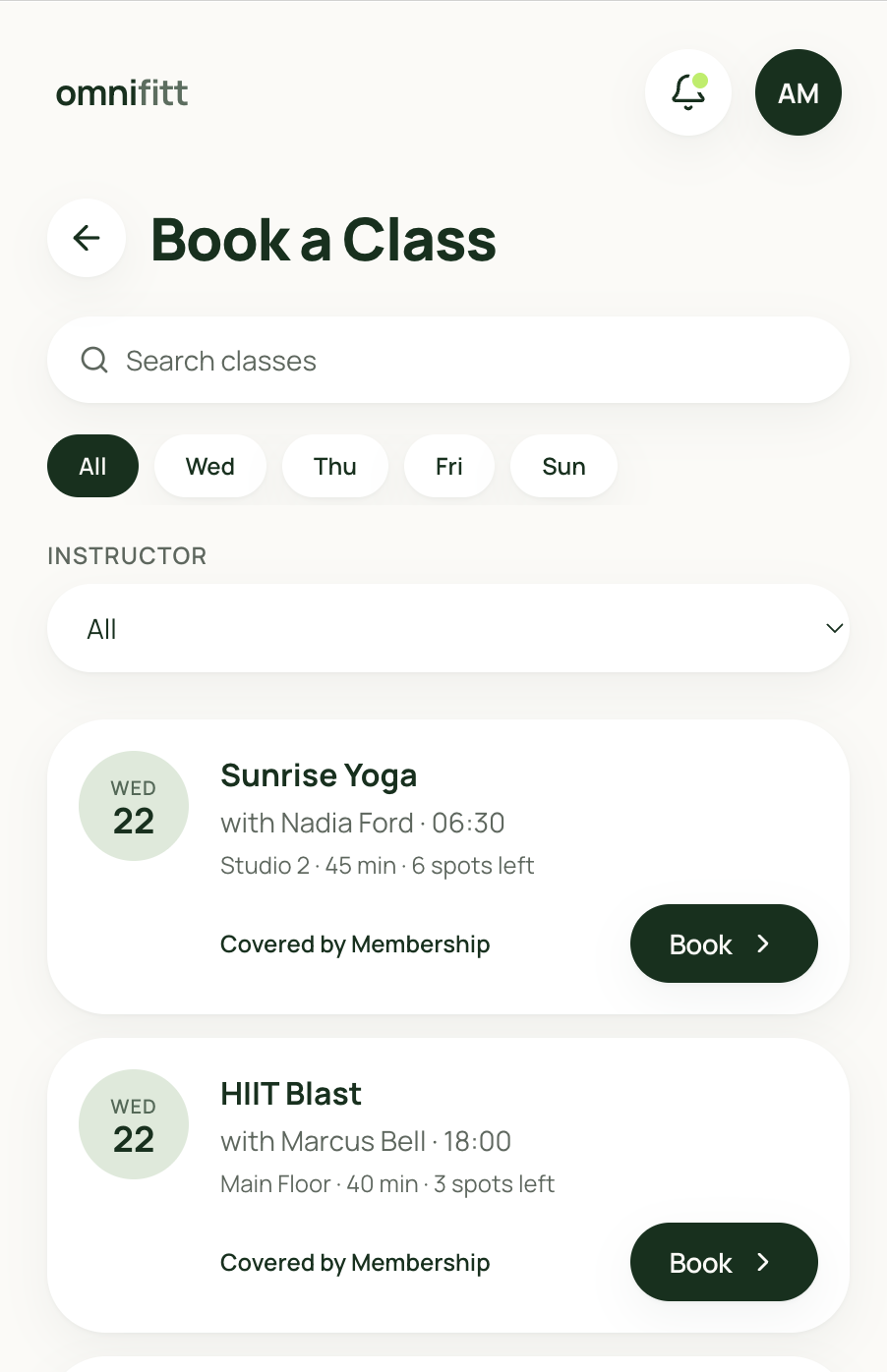 OmniFitt member app class booking screen