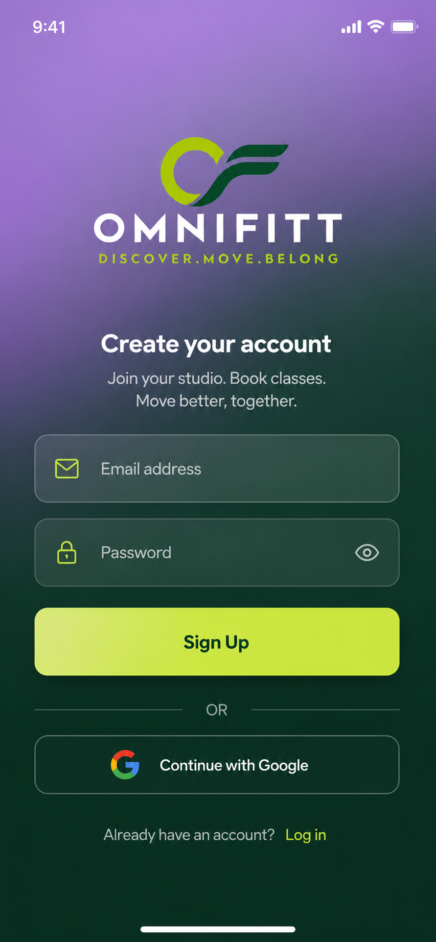 OmniFitt member app sign-up screen